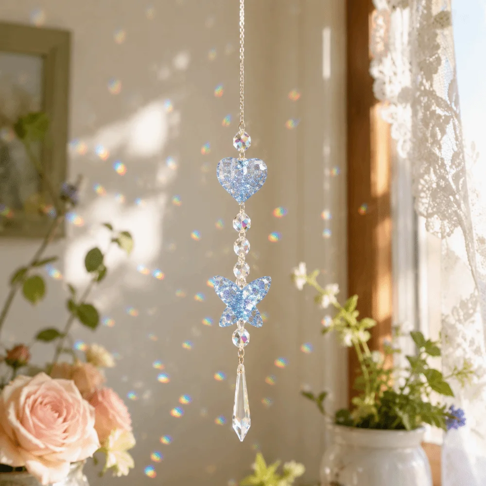 Heart-Shaped Crystal Sun Catcher Butterfly Sparkling Rhinestone Wind Chime Hanging Ornaments Beaded Rainbow Maker Pendant