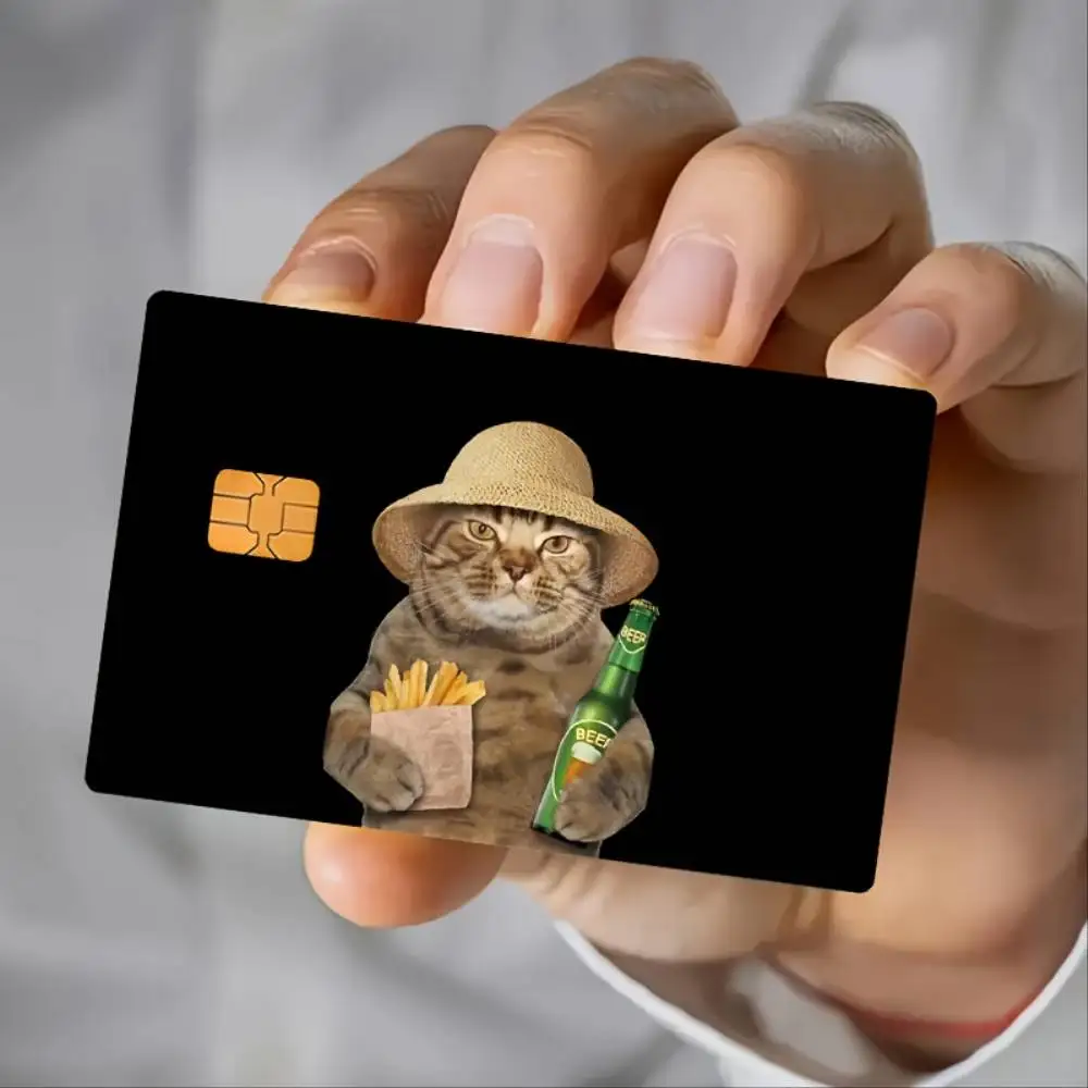 Funny Cat Holding Fries And Beer Credit Card Skin Sticker Street Style PVC Decal For Bank Debit Transit Room Key Cards