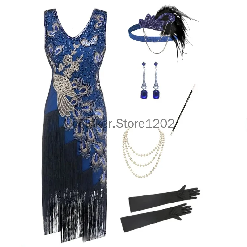1920s Flapper Dress Peacock Sequin Fringed Gatsby Costume with Accessories Set for Women Sequin Fringe Party Dress - view 4