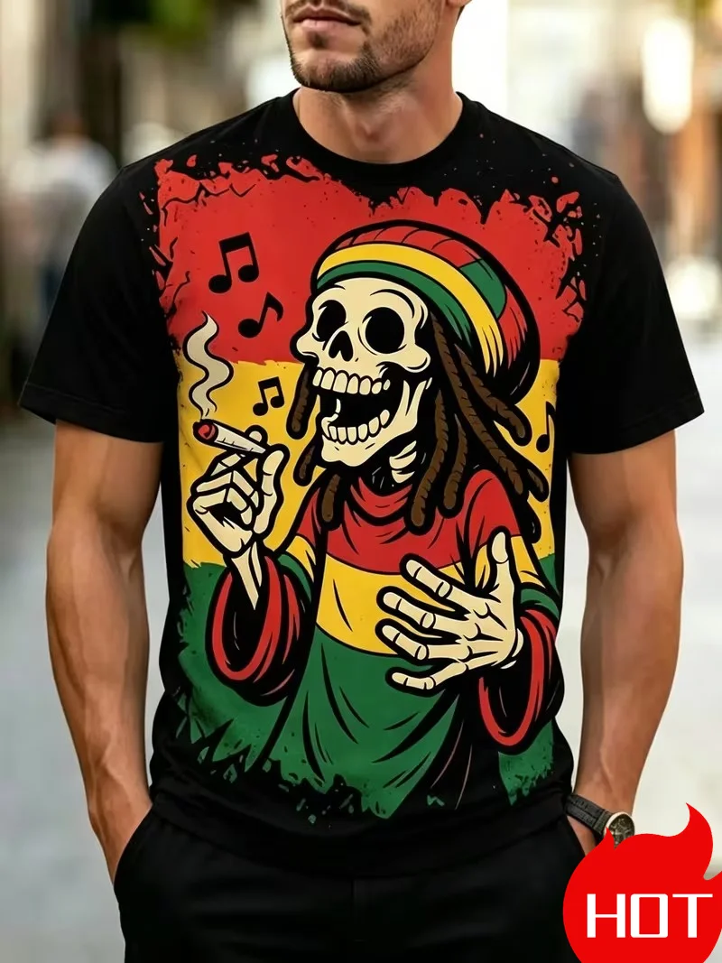 Vintage Reggae Music Style Dreadlocks Skull Graphic Print Men Short Sleeve T‑Shirt Hip‑Hop Street Casual Oversized Men's Clothes