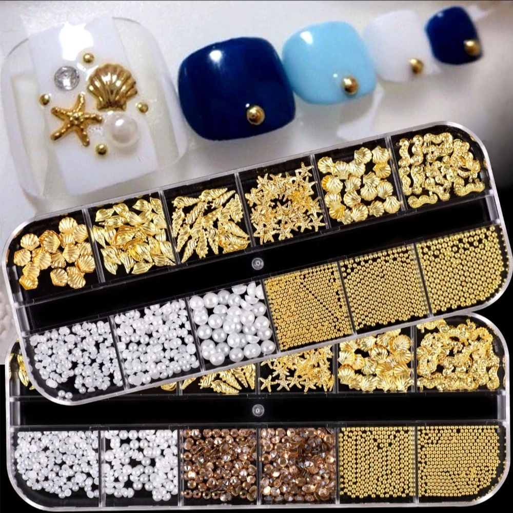 12 Grids Metal Nail Studs Gold Silver Mixed Shapes Star Seashells Conch Pearls Rivets Nail Charms for DIY Manicure Decorations