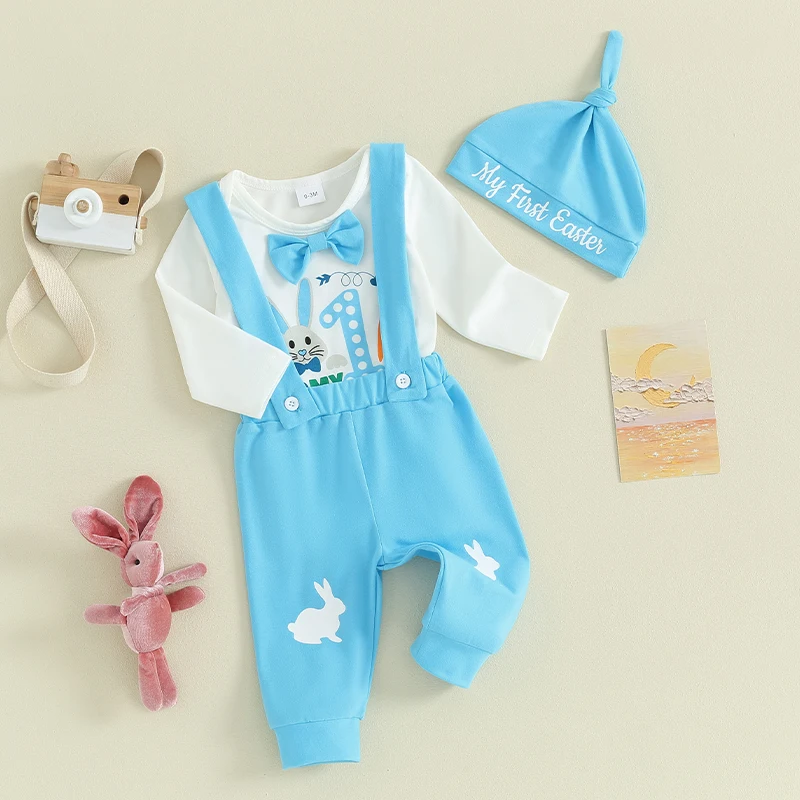 

Newborn Baby Boy Clothes My 1st First Easter Outfit Long Sleeve Rabbit Romper Suspender Pants Hat 3Pcs Clothing Set