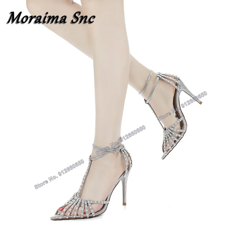 Moraima Snc Bling T Strap Rivet Women Sandals Pointed Toe Thin High Heels Shoes Ankle Buckle Women Stilettos Cover Heel Sandals