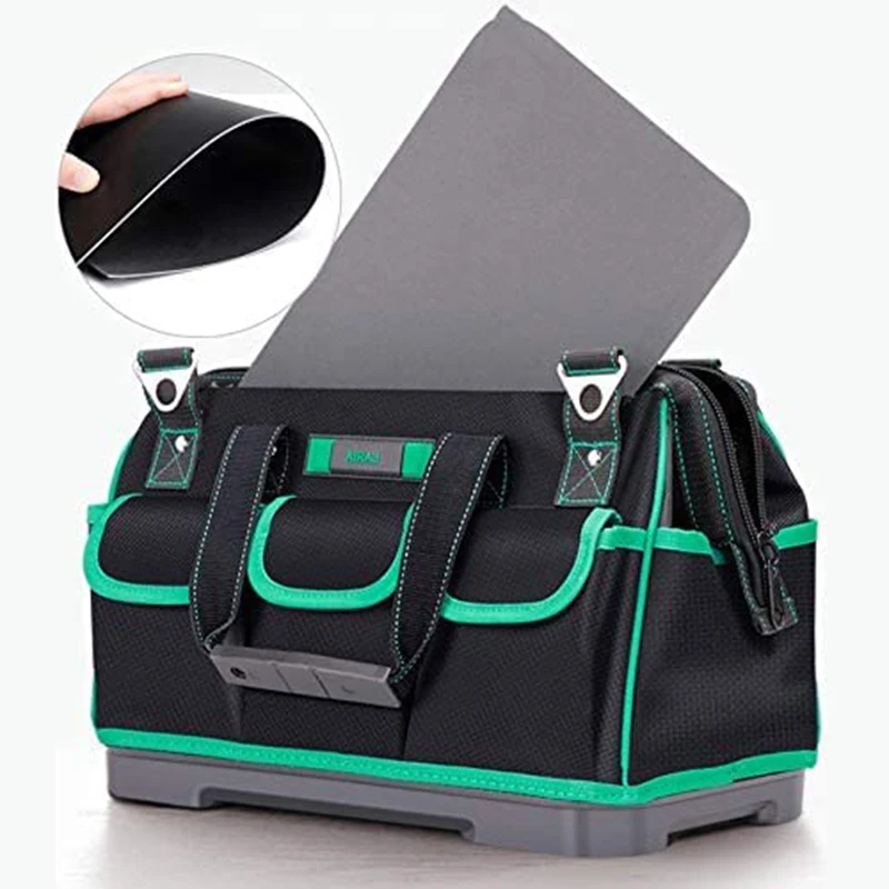 AIRAJ 23in Tool Bag with Waterproofed Molded Bottom, Multi-Pockets Wide Mouth Tool Tote with Adjustable Shoulder Strap