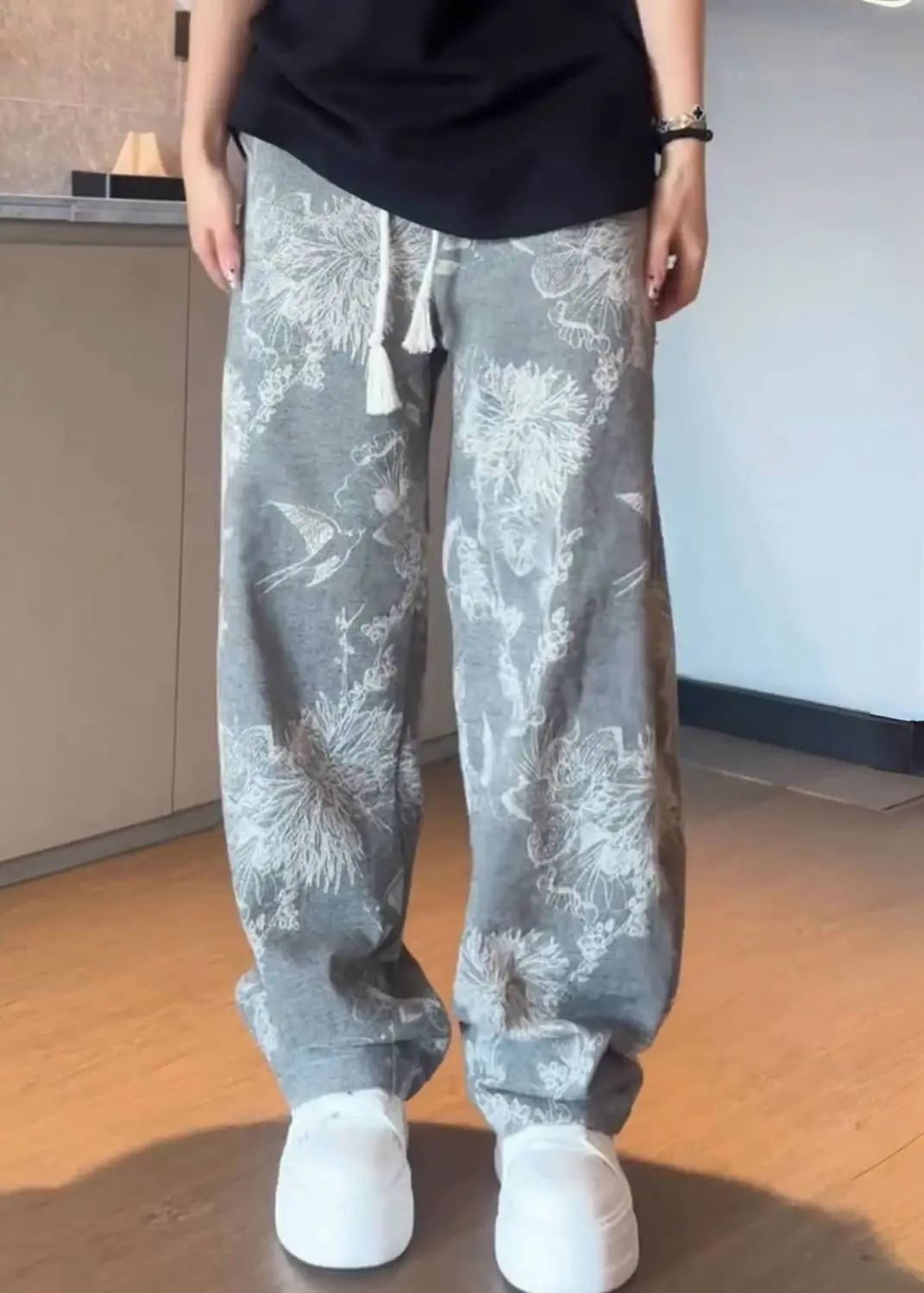Spring and Autumn Retro New Flower Personalized Loose Straight Men's Trendy Brand High Street Wide Legs Casual Pants