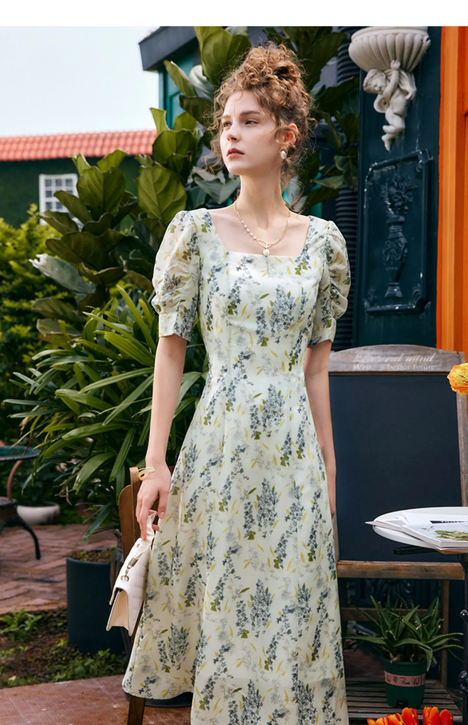 

OLrain Prairie Chic Floral Dresses Women 2025 Spring Summer A-line Square Collar Puff Aleeve Lace-up Waist Dress O22XL01026