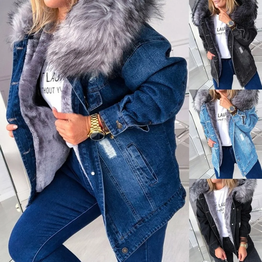 Frauen Winter warm flauschigen Kragen Kapuze Jeans jacke dicken Plüsch gefüttert warmen Langarm Jeans mantel Knopf unten übergroß locker