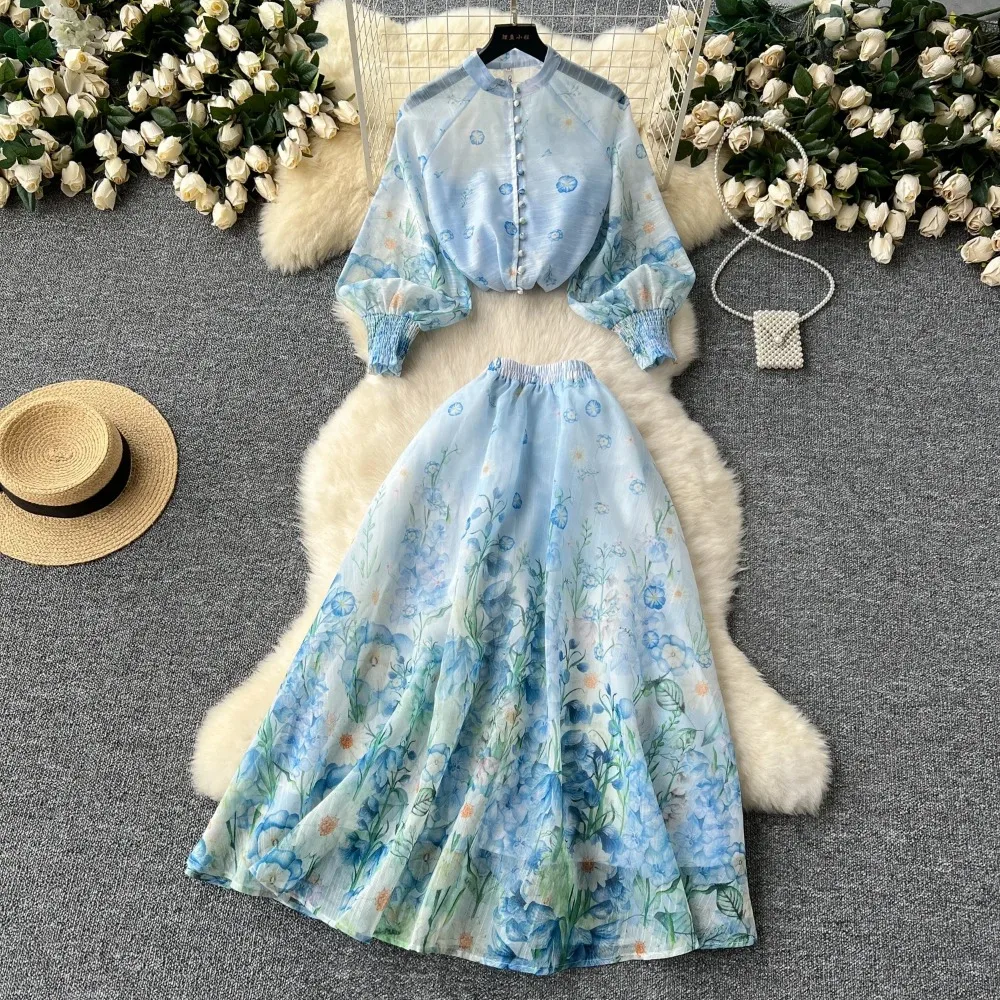Elegant Lantern Sleeve Vintage O-neck Chic Print Breasted Top Slim High Waist Mesh Skirt French Vacation High Street Autumn Sets