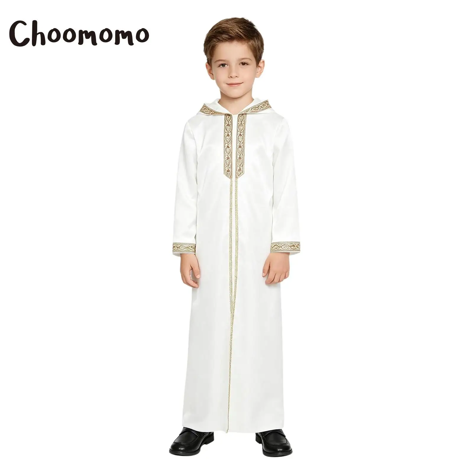 

Boys Muslim Costume Thobe Kaftans Arab Robe Gown Hooded Long Sleeve Zip Up Embroidered Gold Trims Islamic Robe Ramadan Clothing