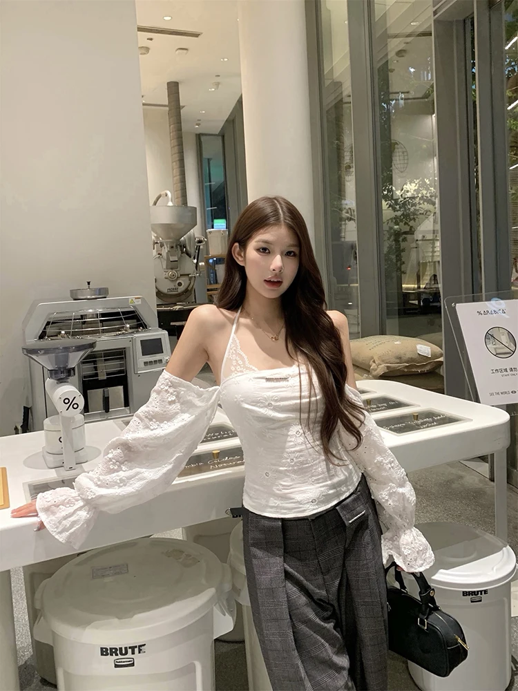 ReddaChic Off Shoulder White Shirt for Women Coauette Floral Embroidered Elastic Back Long Sleeve Halter Top Lounge Fall Clothes