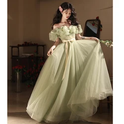 Elegant Light Green Evening Dress Women's Light Luxury Pleated Off Shoulder Collar Prom Gown Lace Up Belt A-Line Party Vestido