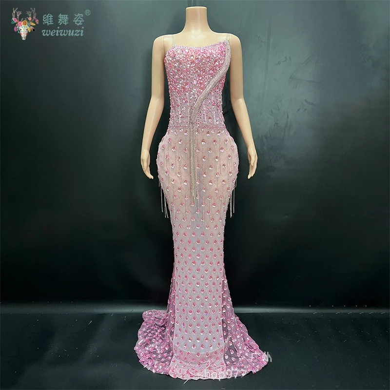 Charmoso e sexy espumante diamante estilingue sem costas longo festa vestido de noite personalizar luxo frisado cauda de peixe vestido de casamento