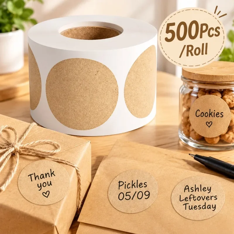 500Pcs/Roll Round Kraft Stickers Cute Self Adhesive Paper Label Roll DIY Name Labels Classification Stickers Paper Sticker Label