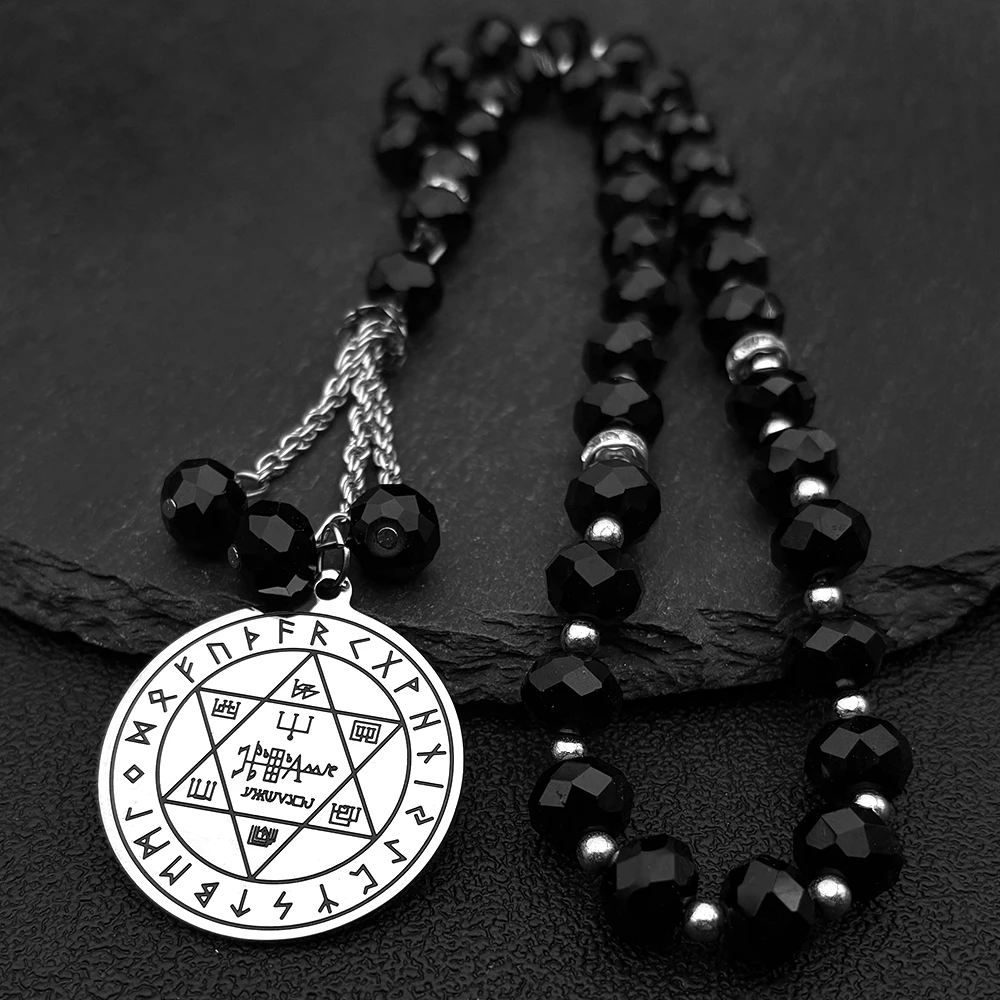 

Magic Talisman Stainless Steel Car Pendant wheel of fortune Agla-INRI Protection of angel 33 Prayer Glass Beads Jewelry