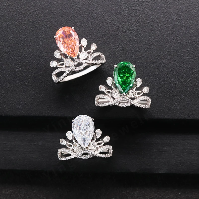 Crown Crushed Ice CZ Ring Pear Shape Crystal Stone Rings for Women Engagement Wedding Bridal