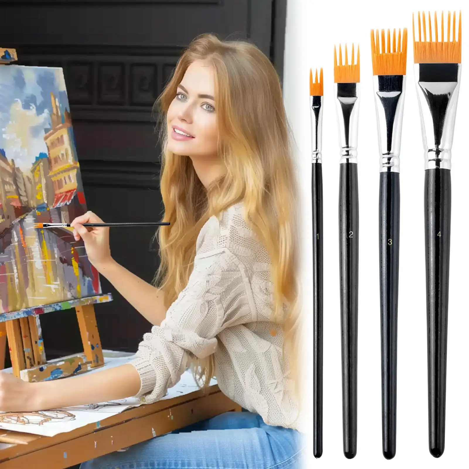 4pcs Serrated Shape Paintbrush Set for Watercolor Oil Digital Painting - Landscape Leaf Art Brushes for Artists & Students