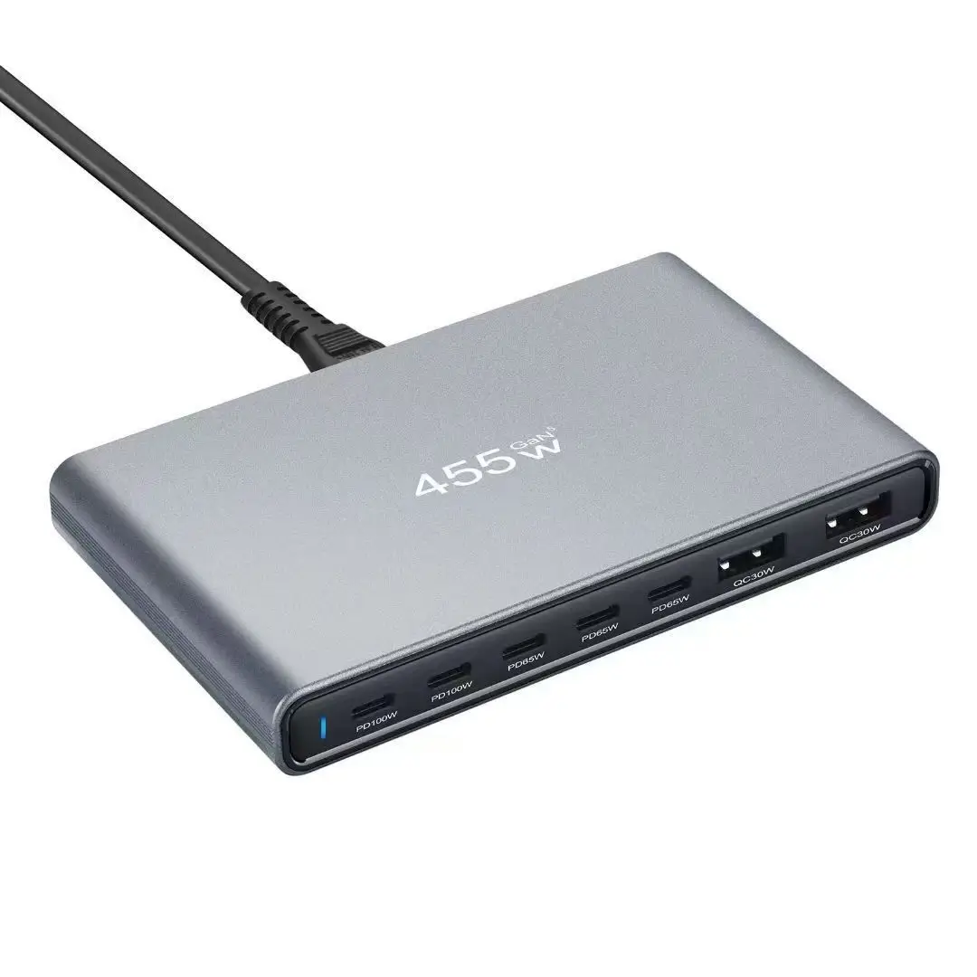 455W GaN Pro Ultra-thin  Desktop Fast Charger ,5 Typec  +2 USB For  Charging Laptops,Tablets and Mobile Phones