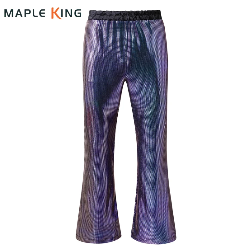 

Mens Dance Flare Trousers Vetement Homme Sexy Pants Nightclub Glossy Plaid Sequins Man Elastic Waist Steampunk Pantalon Homme