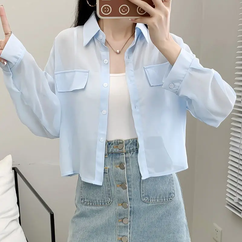 See-Through Mesh Chiffon Oversize Cropped Shirt With Pocket Women Long Sleeve Youthful Casual Blouse Female Fashion Top