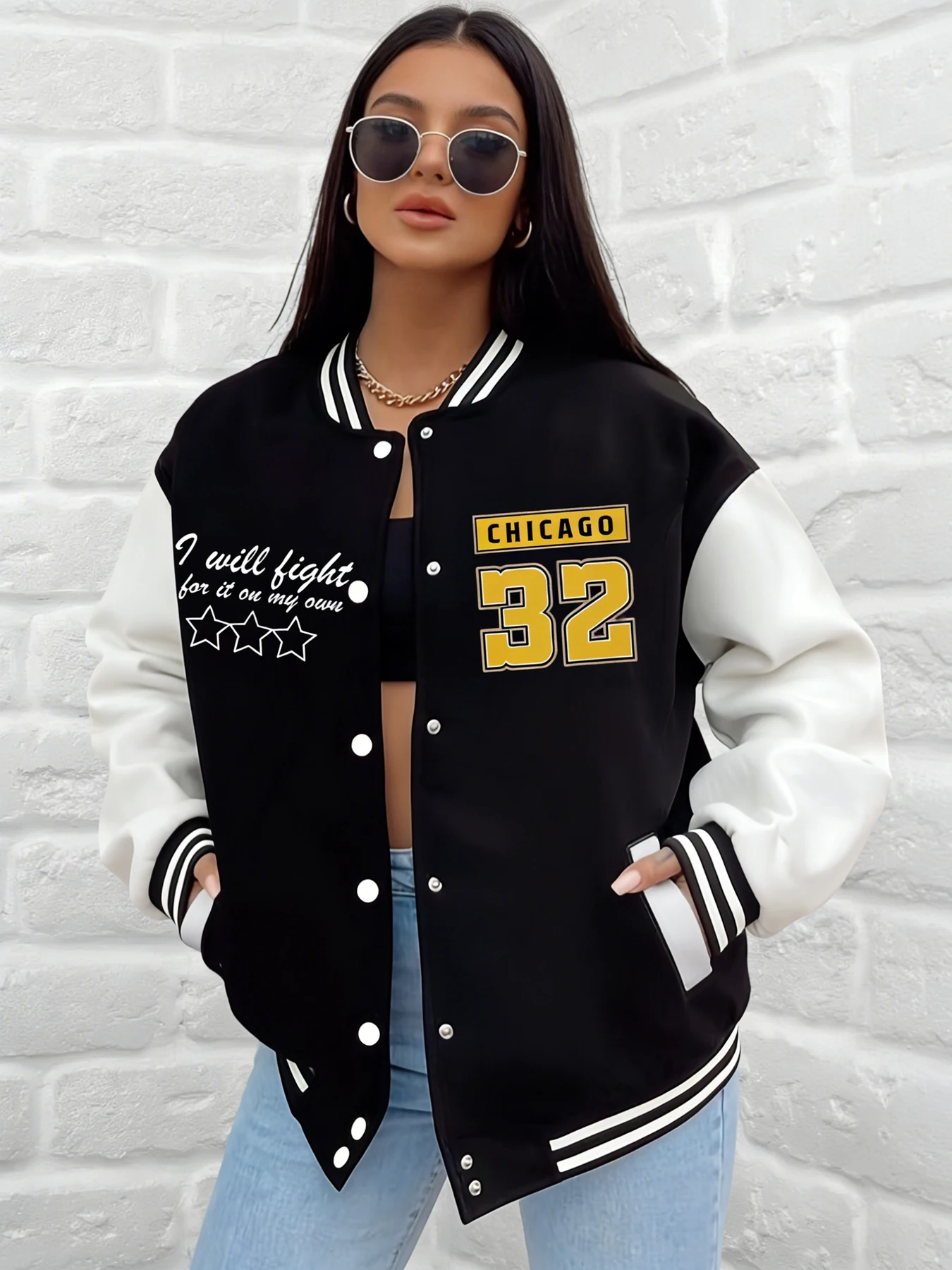 

Женская бейсбольная куртка с принтом Chicago Number 32, университетское пальто с рисунком I Will Fight, свободная верхняя одежда, повседневная уличная повседневная одежда