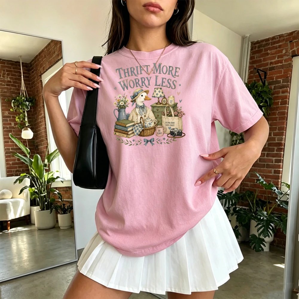 Cute Duck Thrift More Worry Less Print Loose Short Sleeve Tee Cozy Cottagecore Streetwear Women Graphic T-Shirt