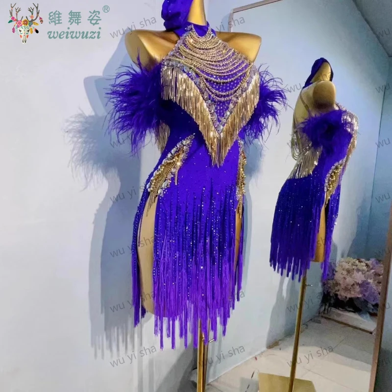 

Платье для выступлений в латинских танцах, высококачественное платье на заказ с подвесными перьями и кисточками, танго, женская сценическая профессиональная одежда для взрослых