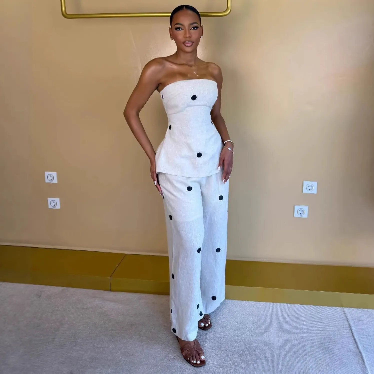 

2 Pieces Set For Woman Sleeveless Tank Top High Waist Wide Leg Polka Dot Print Long Pants Two Piece Set Black Women's Matching