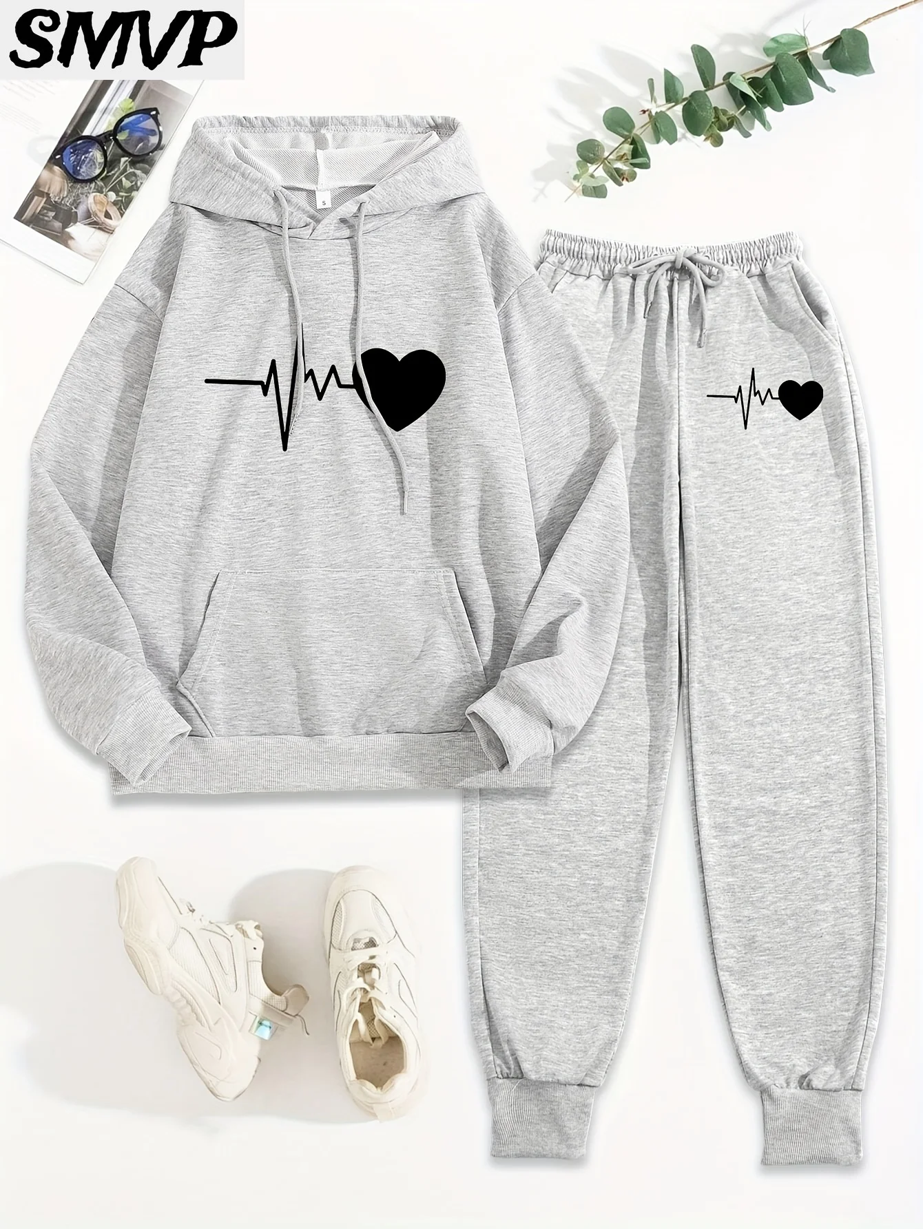 SMVP النساء الفتيات القطن هوديي مجموعة أسود أبيض ضربات القلب خط نمط قطعتين الزي عارضة المتسكعون الأم ابنة #3