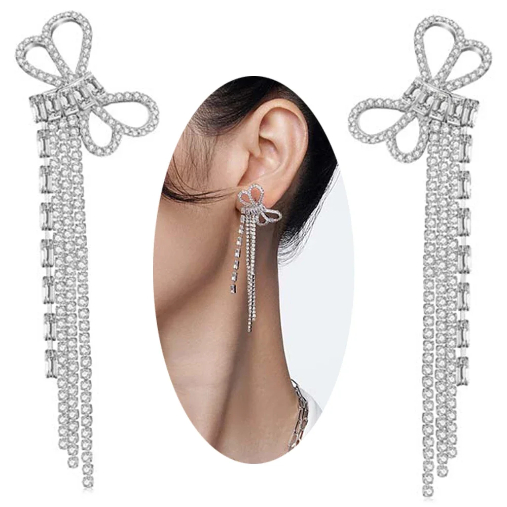 

Rhinestone Earrings Dangling for Women Sparkly SilverGirls Long Earrings Tassel Lightweight Ear Studs Cubic Zirconia Crystal
