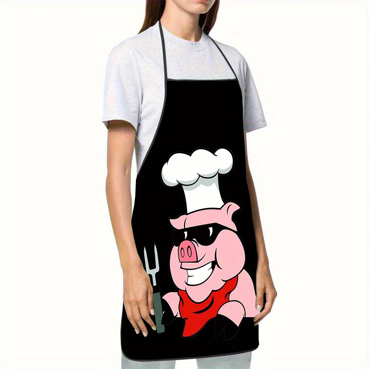 Funny Chef Pig Apron, Cartoon Pork Cook with Fork Graphic Cooking Bib, BBQ Kitchen Decor, Novelty Gift for Meat Lovers
