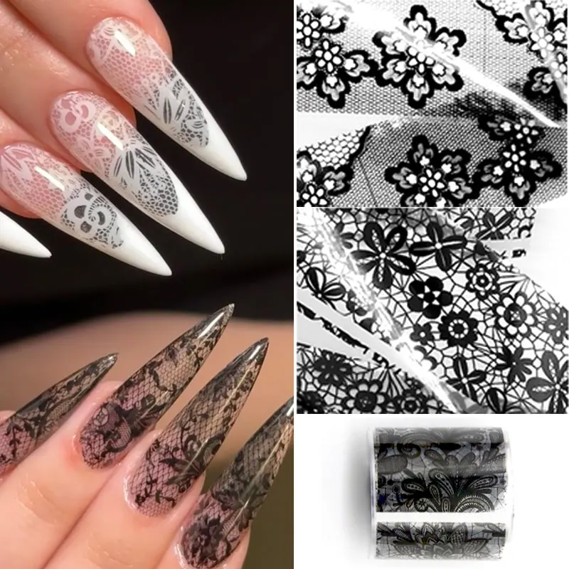 10 لفات 2.5*100 سنتيمتر أسود أبيض الدانتيل مسمار رقائق نقل ورقة مسمار الفن ملصقات شريط الدانتيل DIY بها بنفسك مانيكير التصميم الزينة #3