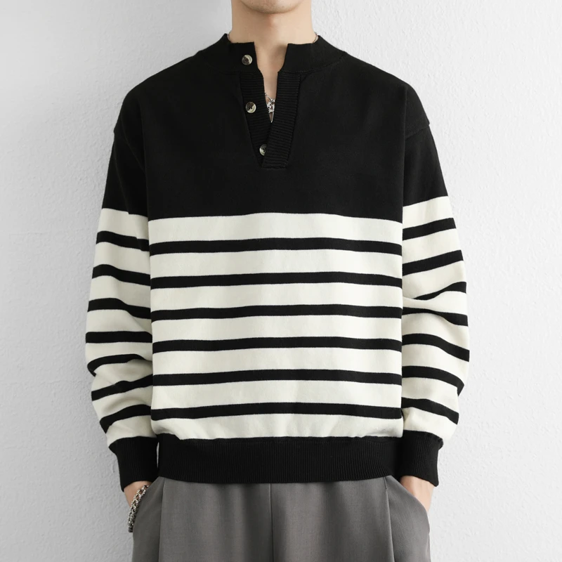 เสื้อสเวตเตอร์ผู้ชาย คอวี ลายทาง แขนยาว ถักแบบเรียบ ทรงเข้ารูป ผ้าขนสัตว์ผสม ยืดหยุ่นเล็กน้อย สไตล์วินเทจ รุ่นใหม่ ปี 2025