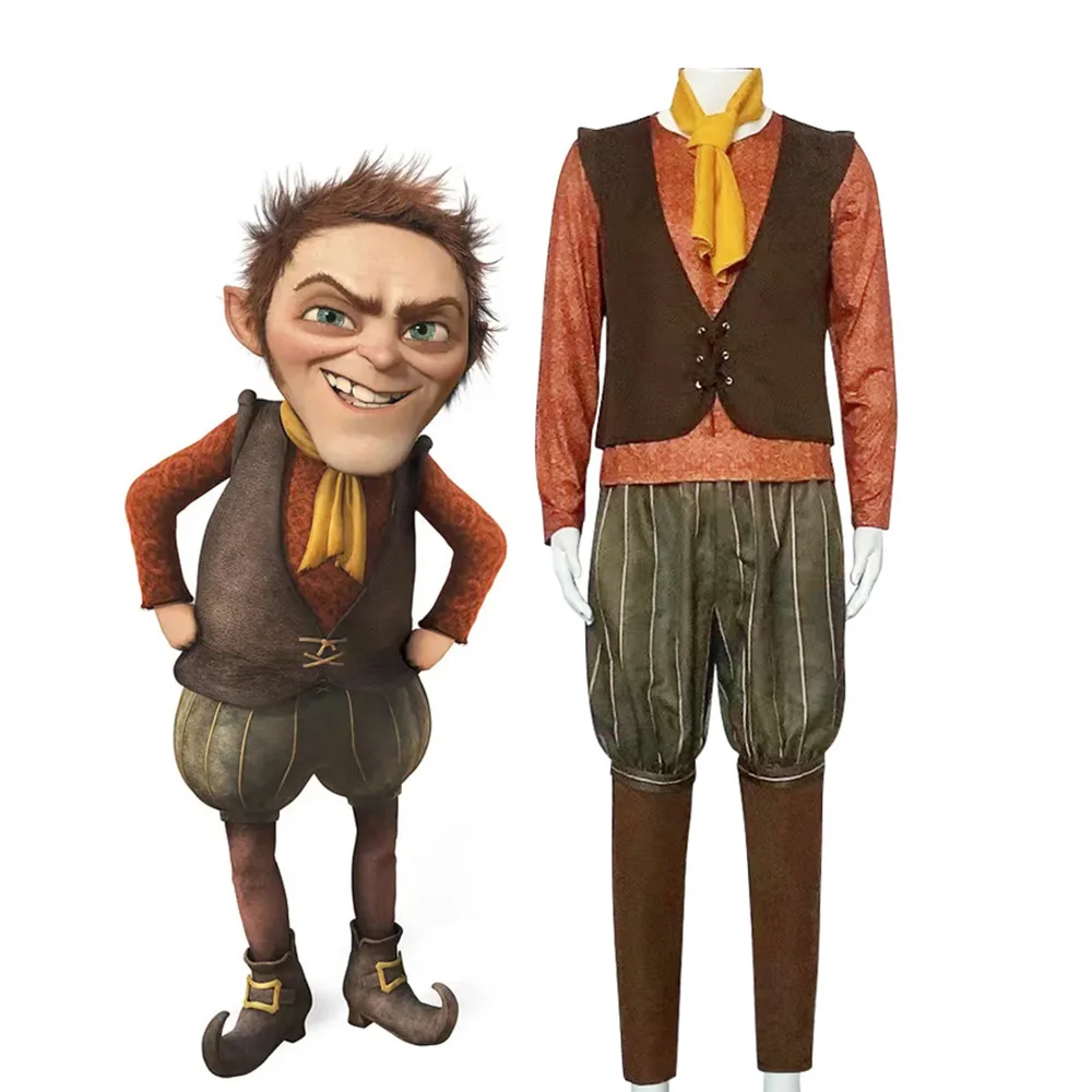 

Monster Rumpelstiltskin Cosplay Costume T Shirt Brown Vest Trousers Yellow Scraf Halloween Role Playing King Dwarf Fancy Uniform