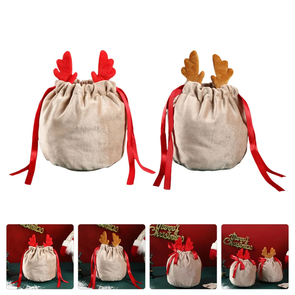 

2Pcs Christmas Gift Bags Xmas Antler Candy Pouch Lovely Drawstring Packaging Bag for Seasonal Gifts and Snacks