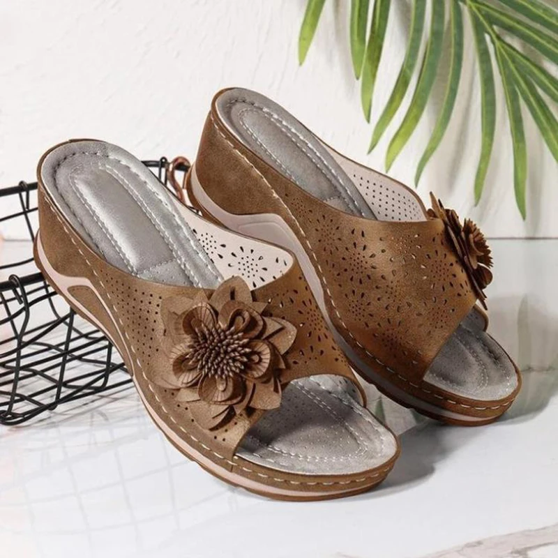 Suede Leather Soft Footbed Orthopedic Arch-Support Sandals For Women Flower Hollow Design Summer Beach Shoes Female Wedges Shoe