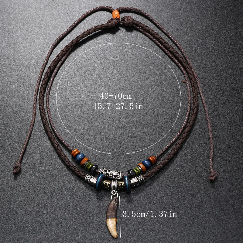 1pc Men\'s Fashionable Multi-Layer Personalized Wolf Tooth Woven Rope Necklace Suitable For Daily Wear, Outdoor Party Accessories