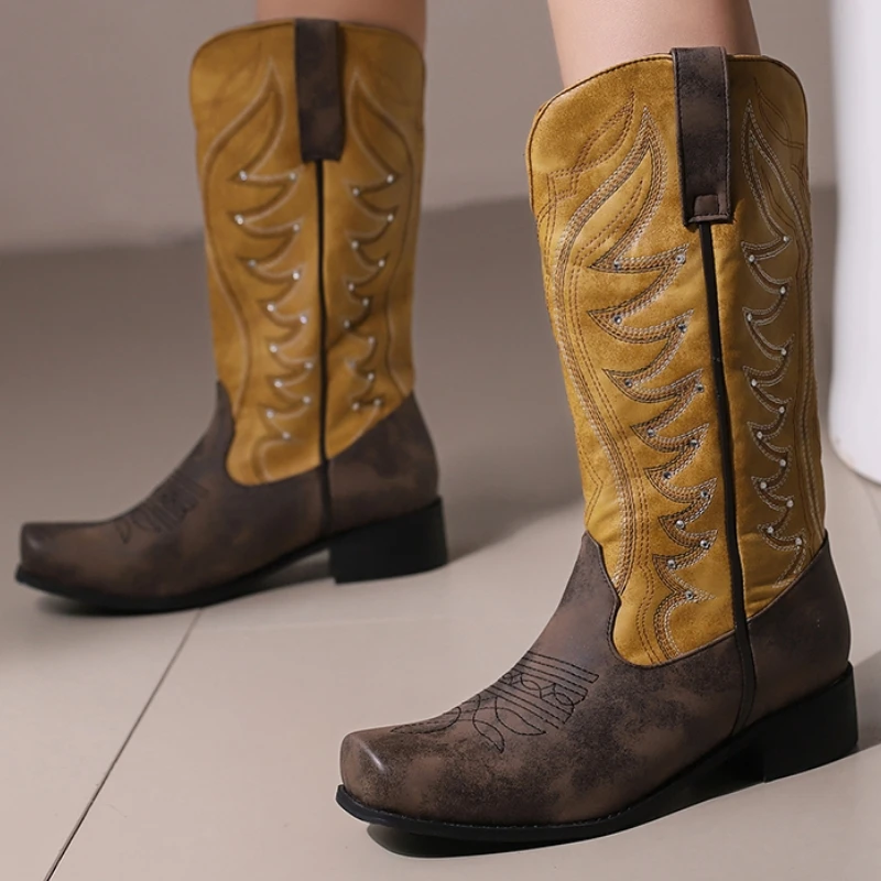 

Women's Mid-calf Boots Comfortable Western Embroider Cowgirl Cowboy Boot Low Heels Autumn Winter Shoes Lady Big Size 45 New 2024