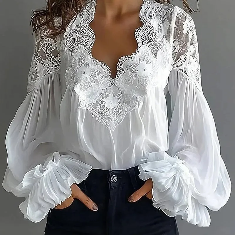 

New Women's Solid Blouse Elegant Sexy V-neck Lace Splicing Lantern Sleeve Solid Blouse Office Commuter Chic Shirt For Female