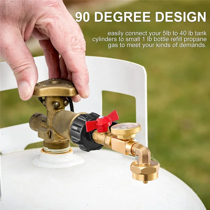 Adaptateur coudé de recharge de propane QCC1 avec jauge précieuse de propane, 90, adaptateur de pression de recharge de Louvain avec soupape de commande marche-arrêt