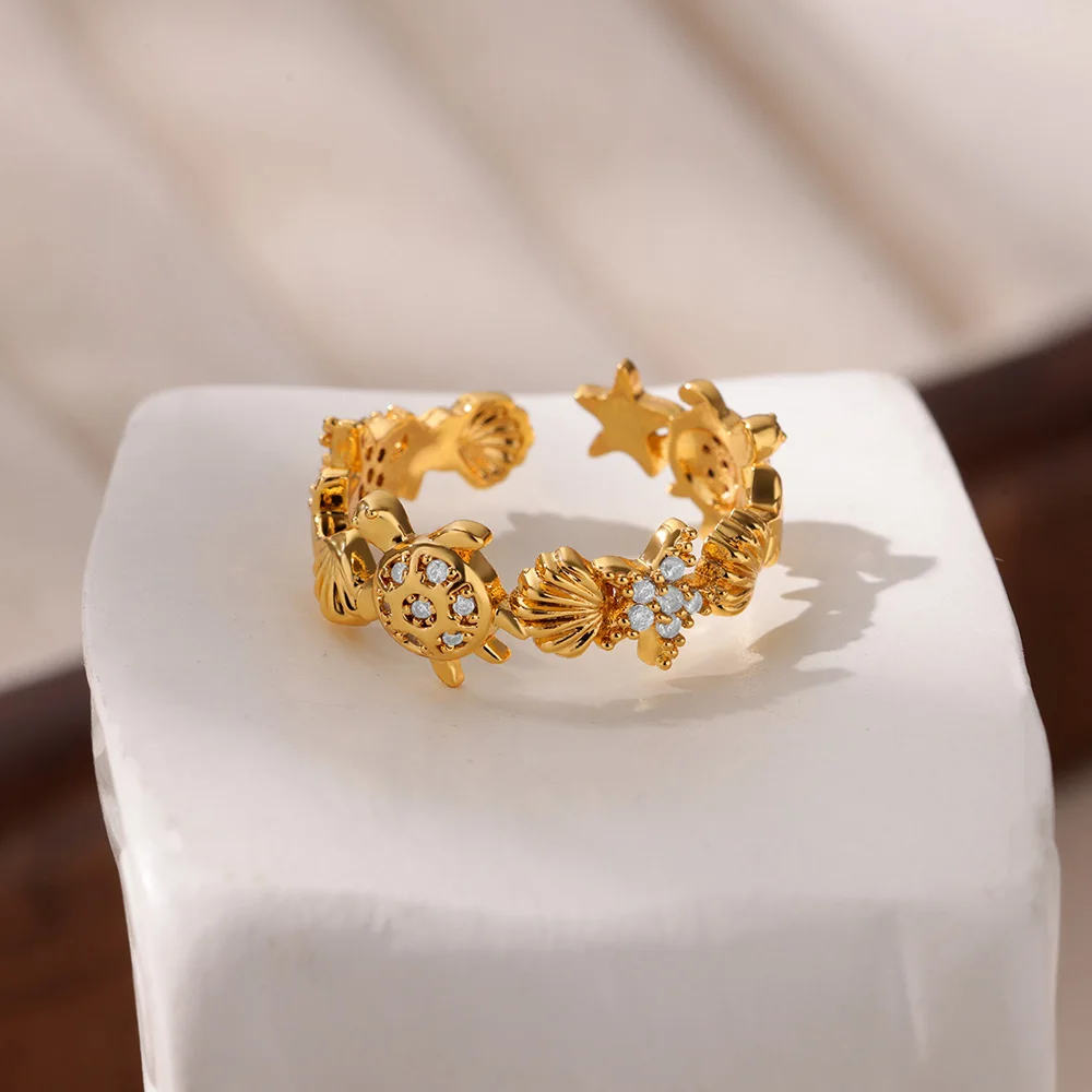 

Cubic Zirconia Turtle Rings for Women Summer Beach Stainless Steel Ring Female Vintage Sea Tortoise Aesthetic Jewelry anillos