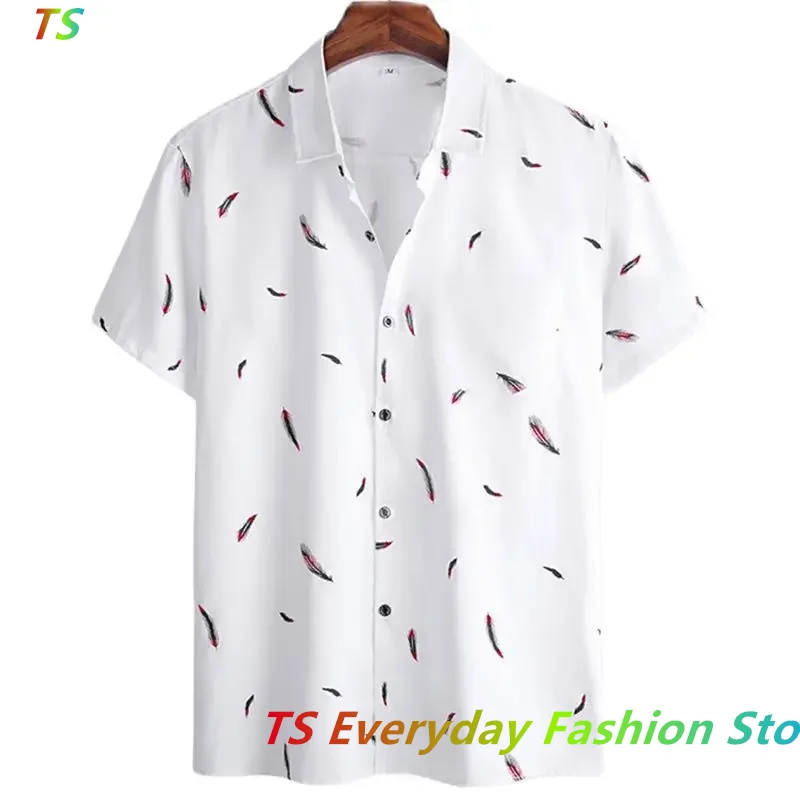 Harajuku Feather Hawaiian Men\'s Shirt Top Printed Men Short Sleeve Casual White Street Summer Beach Shirts For Men Clothing