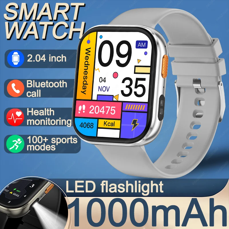 Neue Outdoor-Smartwatch mit 1000mAh Akku, 2,04' HD-Bildschirm, LED-Taschenlampe, 100+ Sportmodi, BT-Anruf, Wasserdicht, für Männer und Frauen