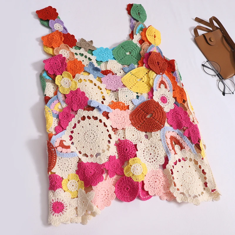 Women Colorful Flower Crochet Knit Tank Top Sexy Hollow Out Loose Sleeveless Crop Top Summer BOHO Seaside Worn Outside Camisole