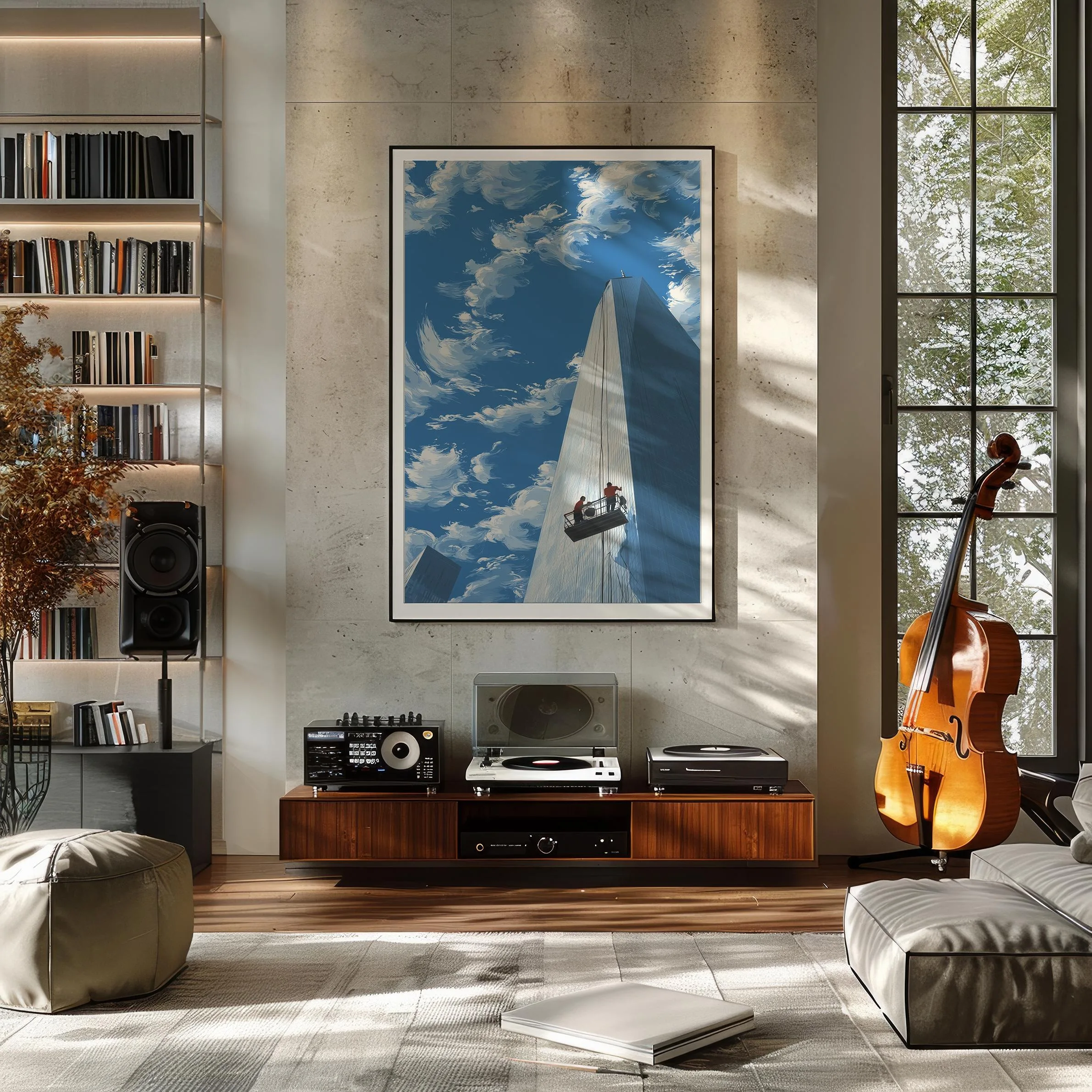 Skyscraper mural art,modern city posters,minimalist architectural prints,contemporary home decor art with a blue sky background.