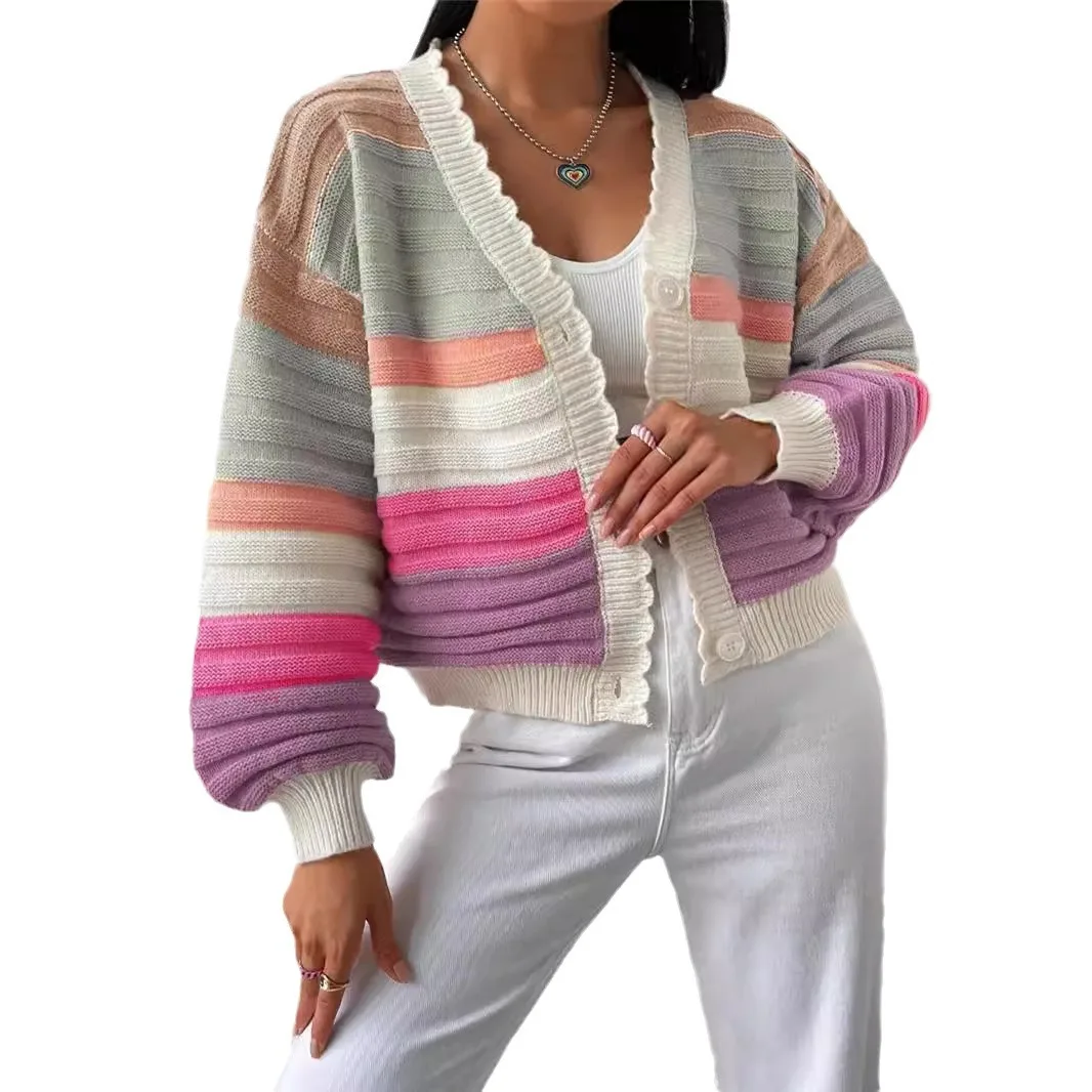 Casual Style Striped Cardigan For Women 2025 Autumn And Winter Style Loose Rainbow Patch Knitted Sweater Jacket For Women