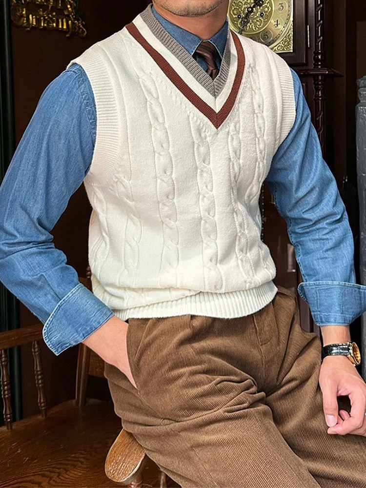 

Мистер. Мужской вязаный жилет Deer Tee: городской стиль, хлопковая смесь, V-образный вырез, базовый слой для осени