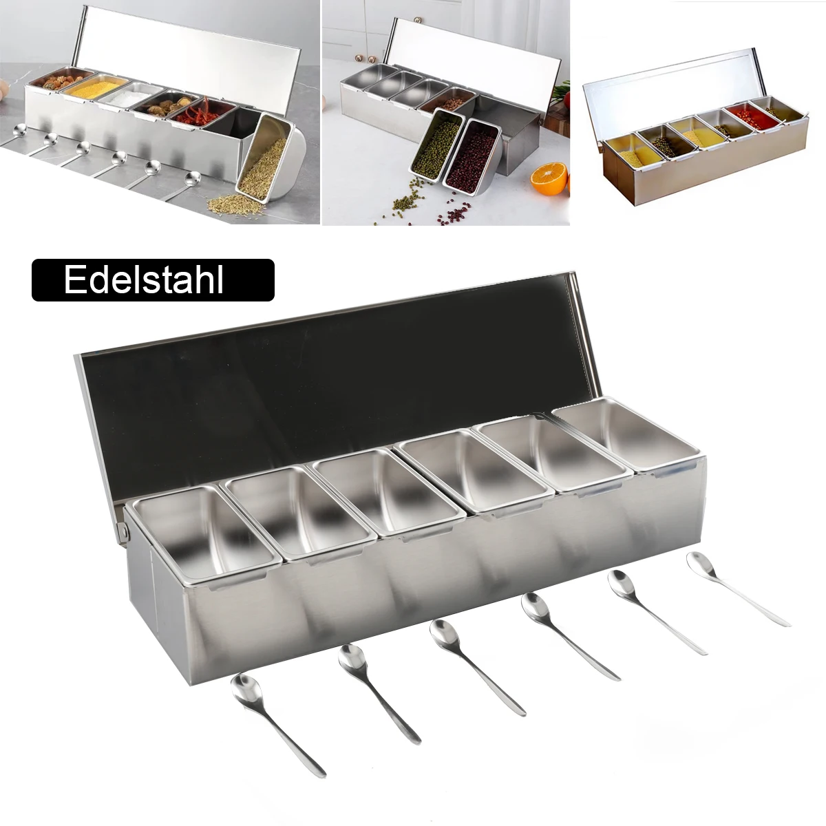 6-teilige Zutatenbox aus Edelstahl für Salz, Zucker, Käse, Soße, Gewürzbox, Pizza, Werkzeug, Snack-Aufbewahrungsbox – Detail 3