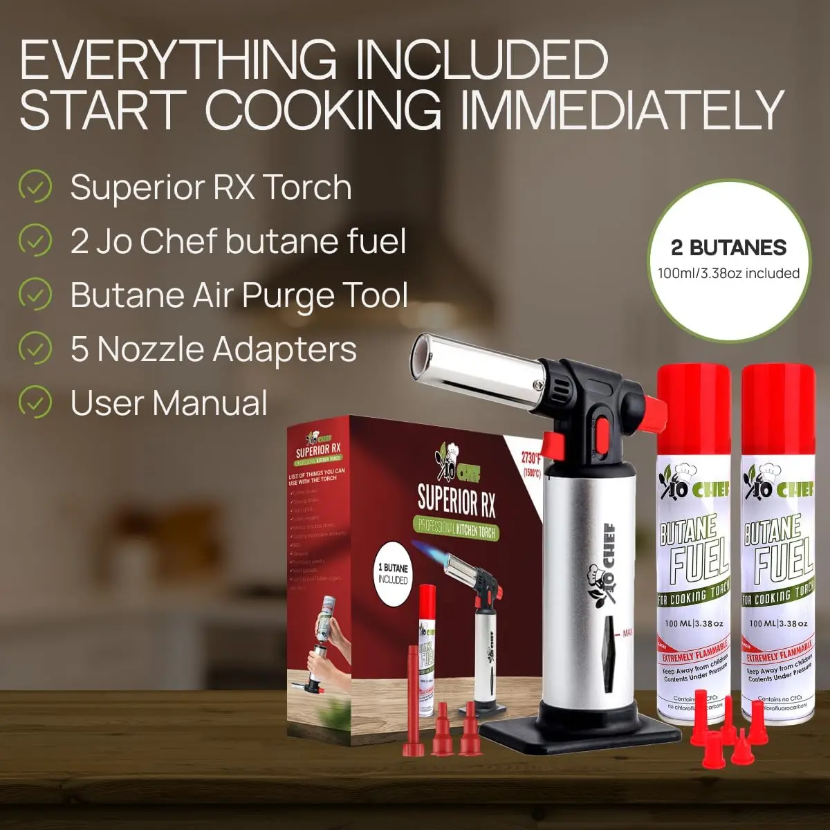 Refillable Butane Kitchen Torch with Adjustable Flame and Safety Lock, Includes 2 Cans for Cooking and Soldering