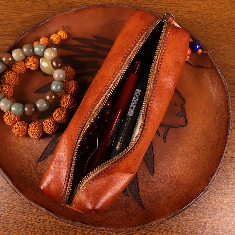 حالة قلم رصاص الجلد الطبقة العليا الجديدة مع كيس تخزين سعة كبيرة ، كيس نظارات الجلد الأصلي ، حالة قلم رصاص السحاب الرجعي #3