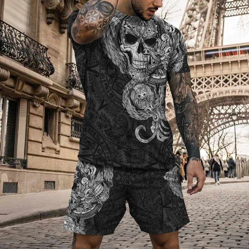 3D Print Horror Skull Pattern Casual New Men's Short T-Shirt Beach Pants Suit Oversized Man Sportswear Hip Hop Short Sleeved Set